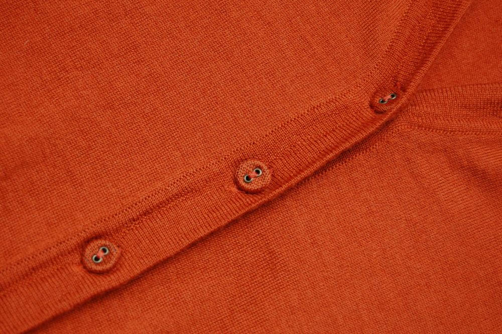 Burberry kardigan damski S XS wełna merino jedwab miedziany rudy brąz