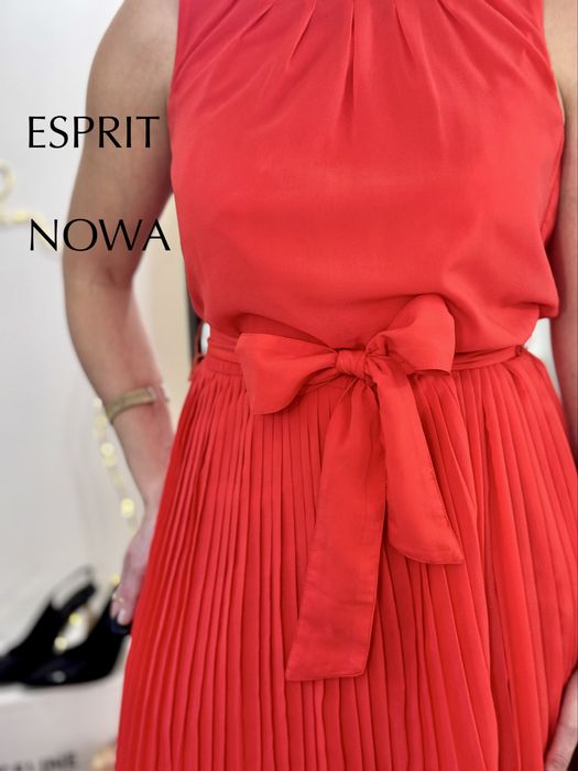 Czerwona sukienka plisowana ESPRIT 36 S Nowa kokarda elegancka święta