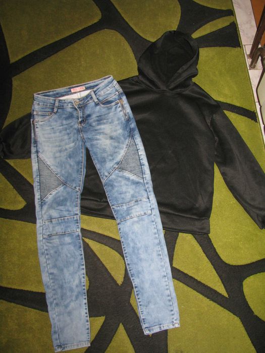 Zestaw spodnie jeansy + bluza czarna z kapturem rozm M, 38 damskie