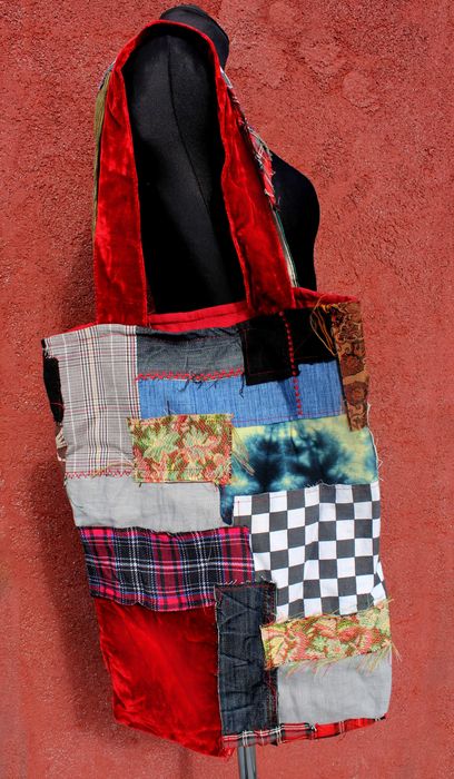 Torebka ręcznie uszyta patchwork welur czerwona