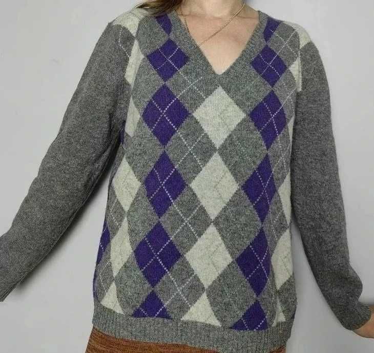 Sweter szary wełniany w romby montego woolmark 44 XXL zimowy wool
