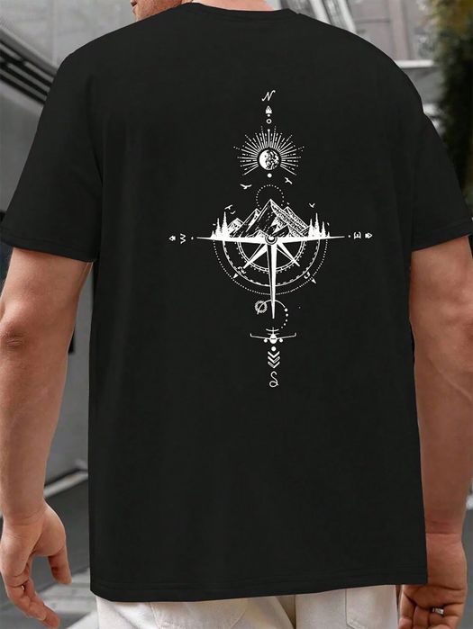 T-shirt męski z kompasem góry czarny krótki rękaw okrągły dekolt SHEIN
