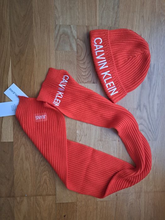 Komplet calvin klein czapka i szalik ck pomarańczowy nowy