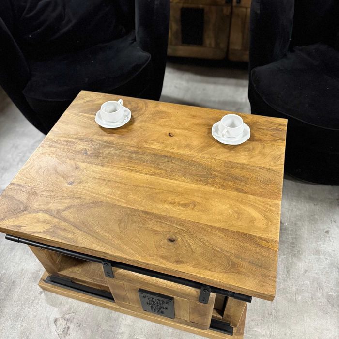 Piękny mały stolik kawowy do salonu z szufladą seria Works ZAPRASZAM