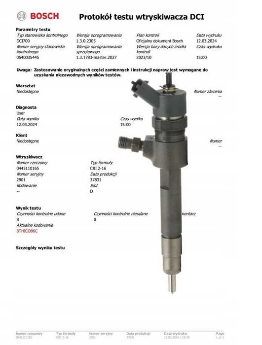 Wtryskiwacze BOSCH KOMPLET 4 Sztuk 0445.110.351 FIAT Punto  1.3