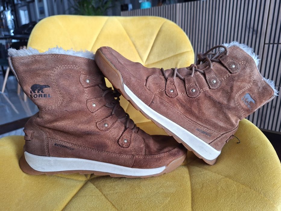 Buty zimowe jesienne Sorel 39 25cm brązowe skóra naturalna kożuszek
