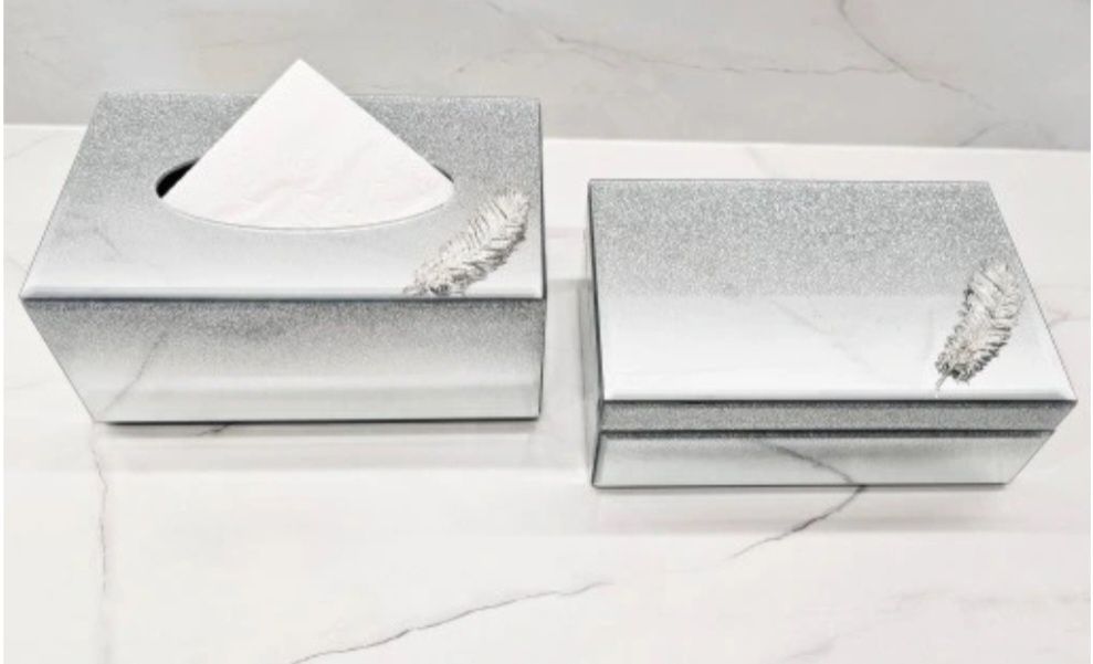 Chustecznik lustrzany brokat pojemnik Glamour piórko 22 x 13 x 11 cm