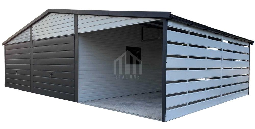 Garaż blaszany 6x5m + wiata 3m - 2x brama okno biały dach rynny SO131