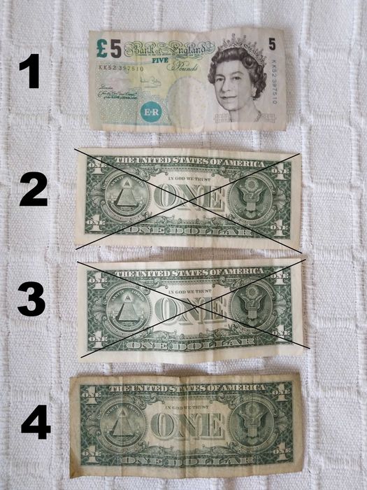 Nota "Cinco Libras Inglesas 2002" + Nota "Um Dólar Americano 1988"