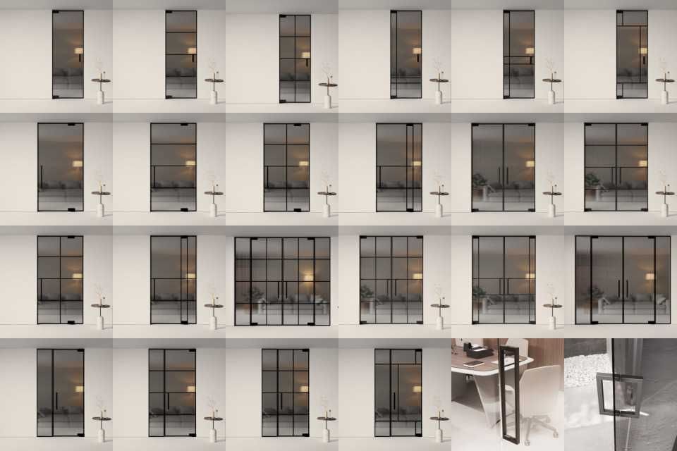 Ściana szklana z drzwiami wahadłowymi okucia czarne loftowe TIOMO