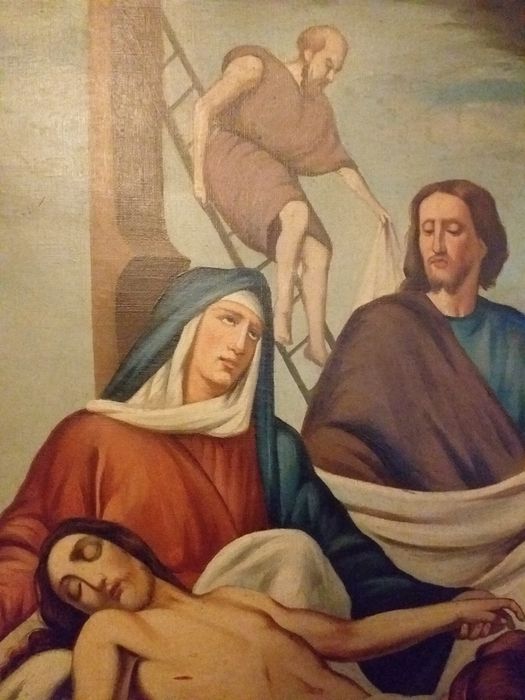 Grande quadro em tela com pintura religiosa