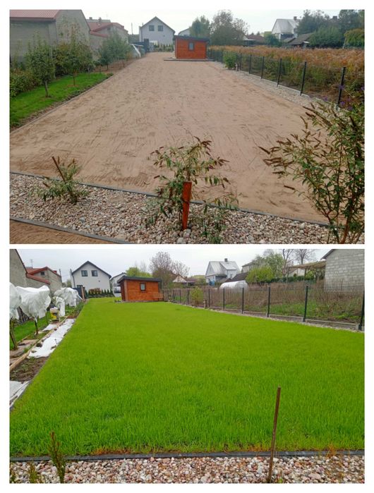 Prace ogrodowe, glebogryzarka separacyjna, równanie terenu, trawniki