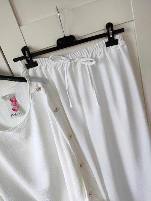 Luźny komplet biały kimono tunika szeroka nogawka