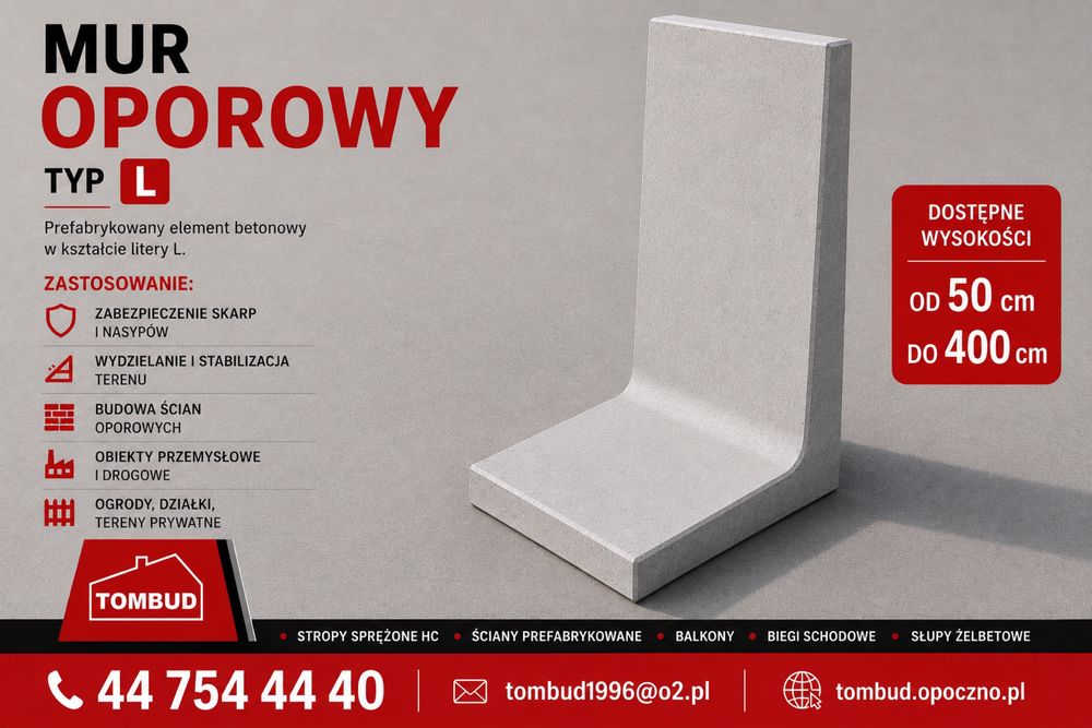 Mur oporowy L / ściana oporowa L / mury oporowe T