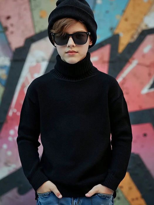 Sweterek chłopięcy luźny z golfem czarny casual 14y 166