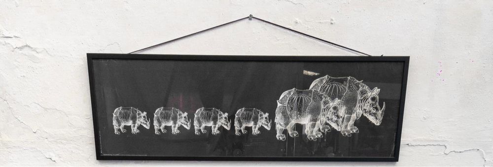 invulgar impressão em Offset dos anos 70 de manada de rinocerontes