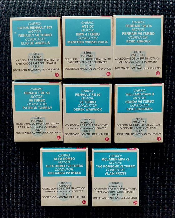 Colecção completa de caixas de fósforos (novas) sobre a Fórmula 1.