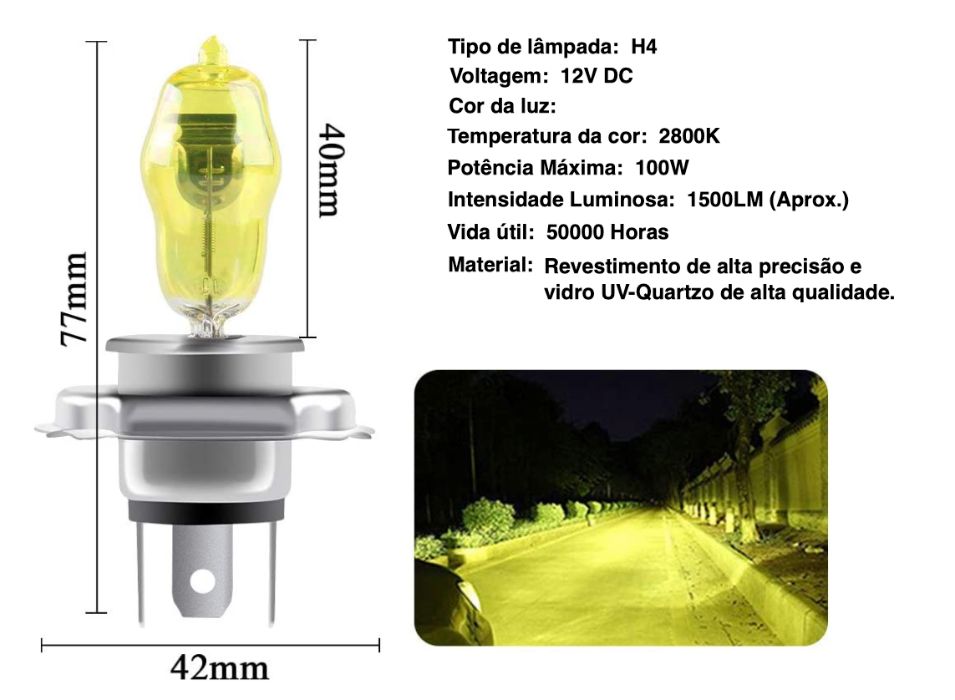 Lâmpadas H4 100W, H7, H1 - Várias potências e cores