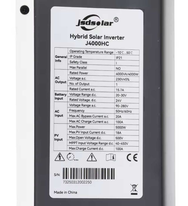 НАЛИЧИЕ Гибридный инвертор JSDSolar J4000HC 4кВт 24V-220V 100A +WiFi