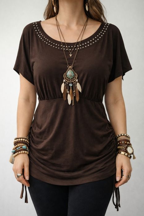 Túnica / Blusa comprida castanha – Manga morcego e franzidos com tachas Y2K - Tamanho XL