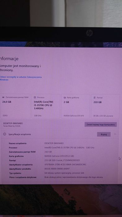 Komputer 24GB RAM, Intel i5, GTX670 Windforce,SSD, SB x-fi monitor 24