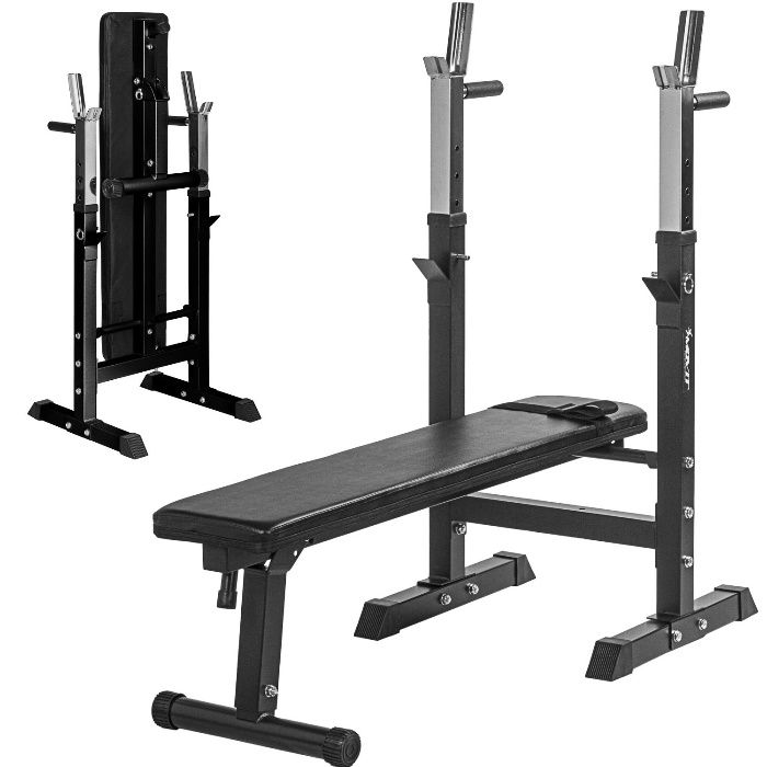 ŁAWKA DO ĆWICZEŃ pod sztangę + stojaki, 3 w 1 - Profesjonalna CZARNA