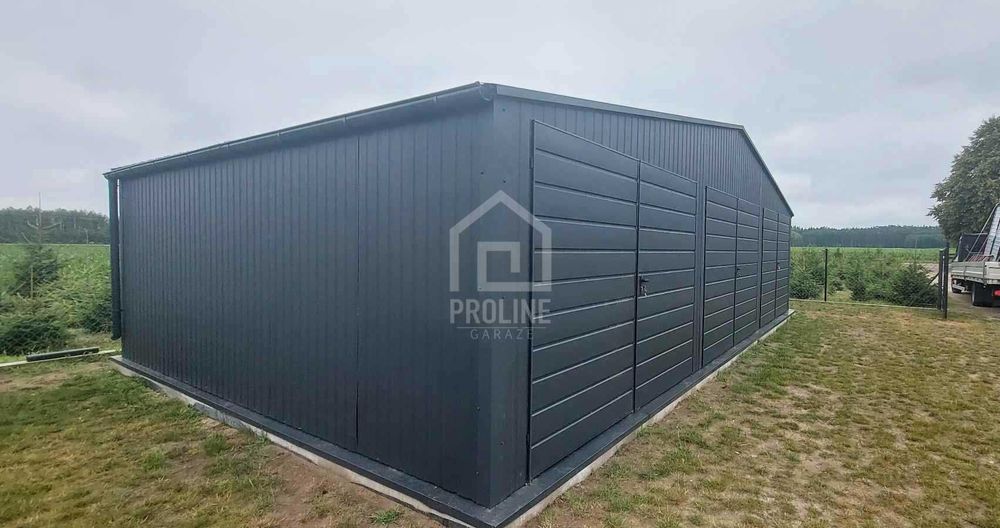 Garaż blaszany 10x6m 3x Brama Rynny Antracyt - Dach dwuspadowy PLG184