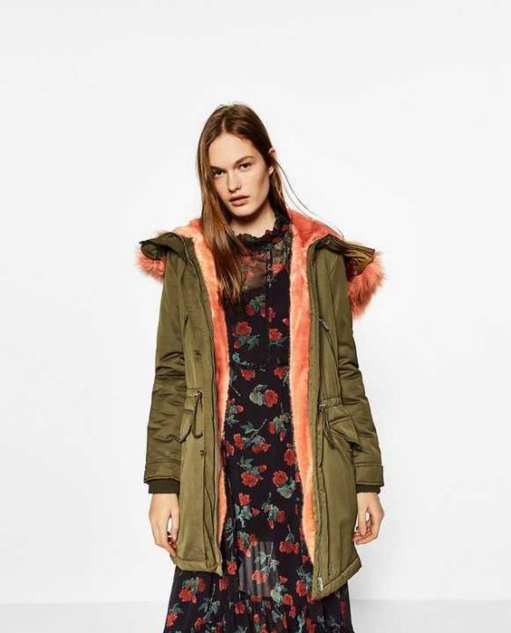 ZARA Luksusowa KURTKA parka kołnierz futerkowy khaki S