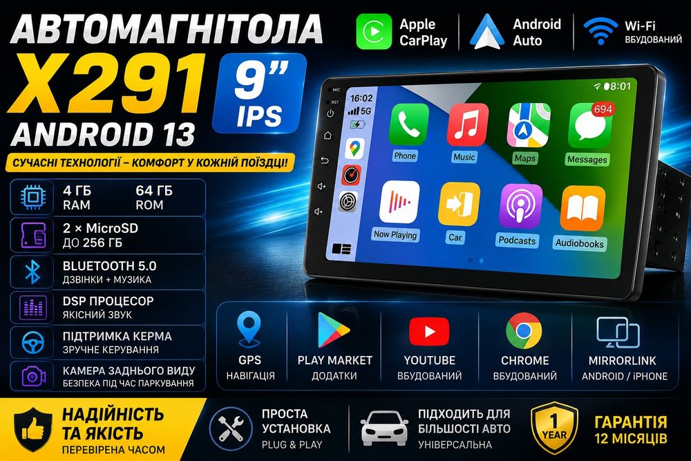 Автомагнітола X291 9" Android 13 (4/64 ГБ) | Wi-Fi | GPS | CarPlay | Android Auto | DSP | Bluetooth 5.0