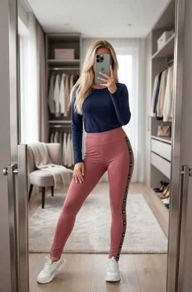 Nowe Leginsy damskie legginsy różowe z lampasami sportowe, rozmiar S/M