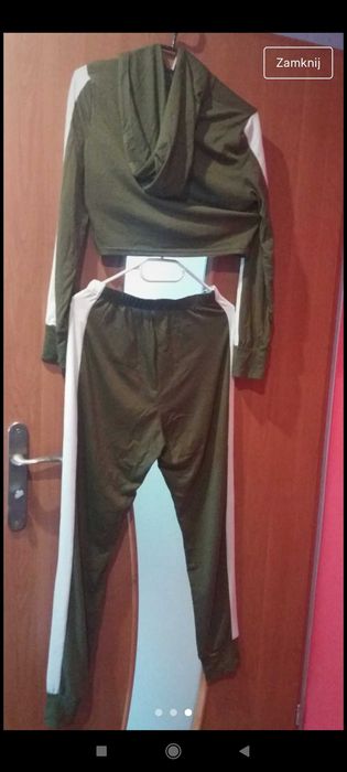 Nowy Dres khaki komplet top Crop bluza spodnie lampas nowe s M L