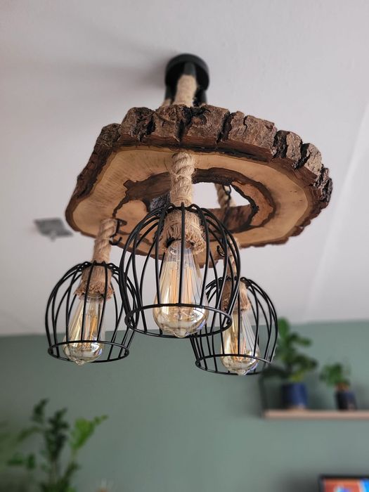 Lampa wisząca z drzewa orzechowego sznur jutowy Loft Handmade