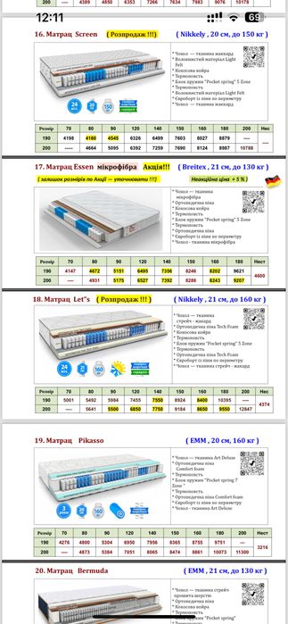 МАТРАСИ, матраци,Німецькі, 160-200. 120-200.140-200.