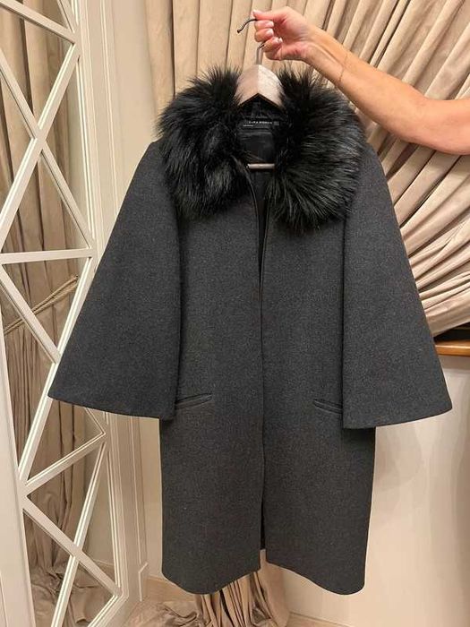 Płaszcz Zara grafitowy wełna wełniany z odpinanym futerkiem S NOWY