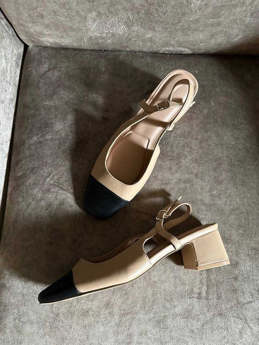 Бежево-чорні слінгбеки туфлі в стилі chanel 40/41