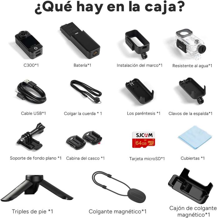 SJCAM C300 Pack - Câmara Vlog com Punho + Bateria Extra 7H, Dual Touch Screen, 64GB, Impermeável
