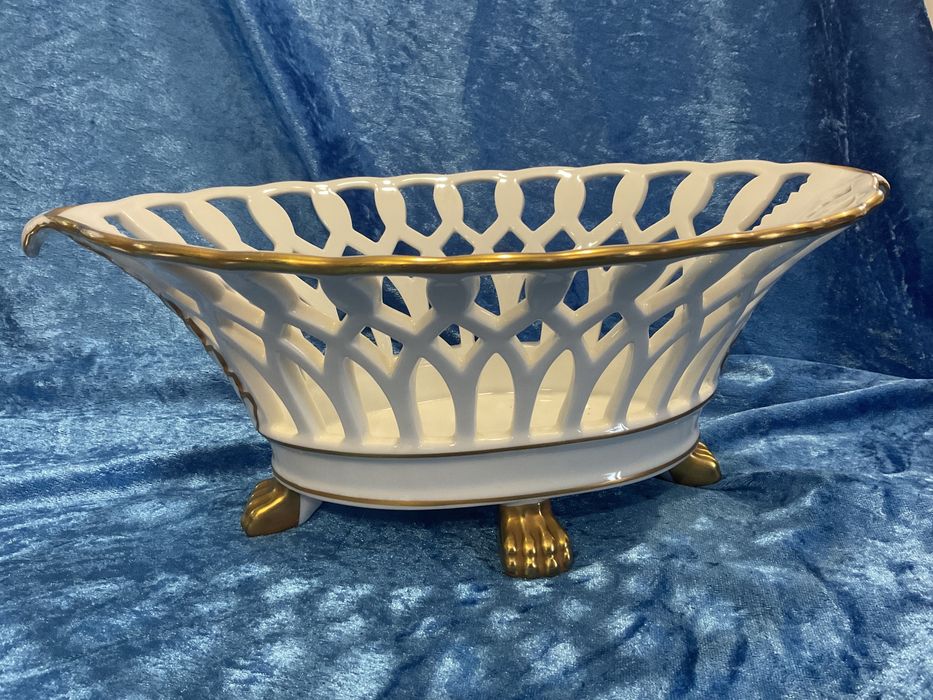 Fruteira vista alegre porcelana pintura manual a ouro 31 cm