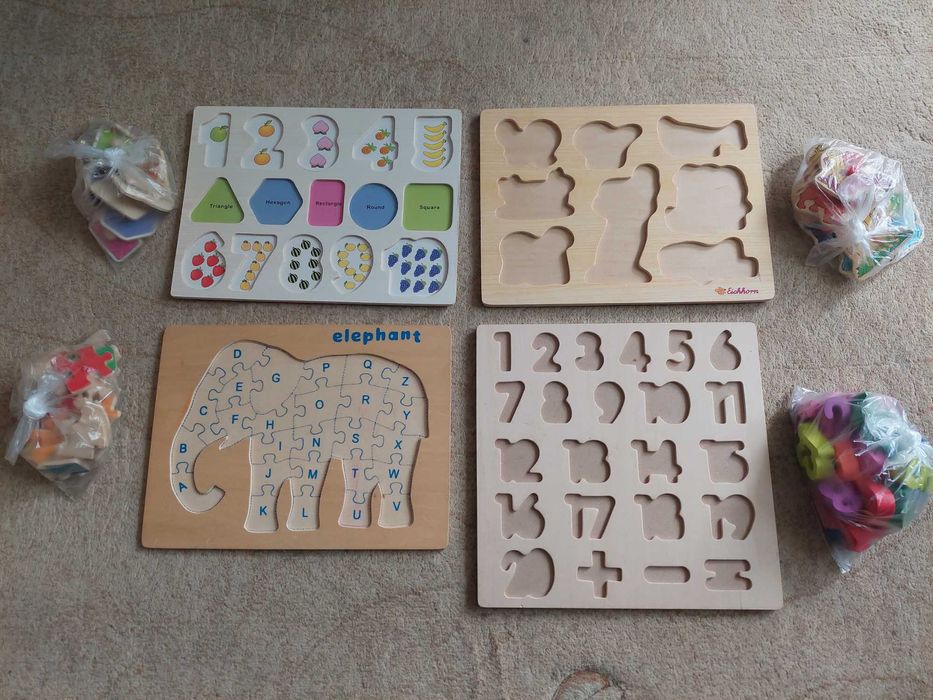 4 drewniane puzzle, ukladanka: zwierzatka, liczby, litery