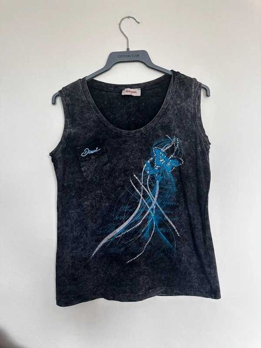 Diesel Vintage Y2K Tank Top L/XL Motyle Kryształki Black 90s RARE