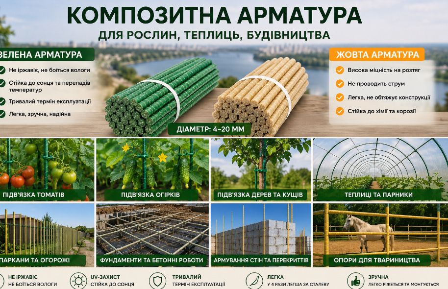 Композитна арматура від виробника.  В наявності на складі діаметри від 4 мм до 20 мм.  Для саду та городу