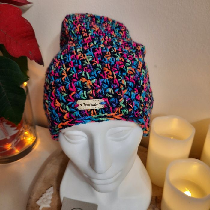 Czapka Beanie smerfetka, multikolor, ręcznie robiona