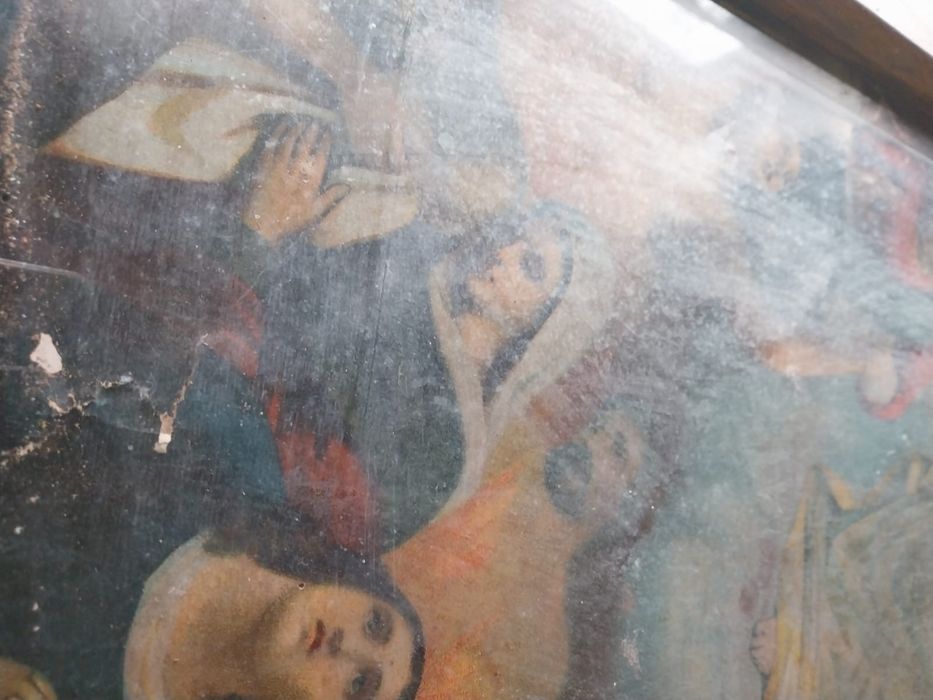 Dewocjonalia zniszczony duży obraz przedwojenny czyściec piekło Maryja