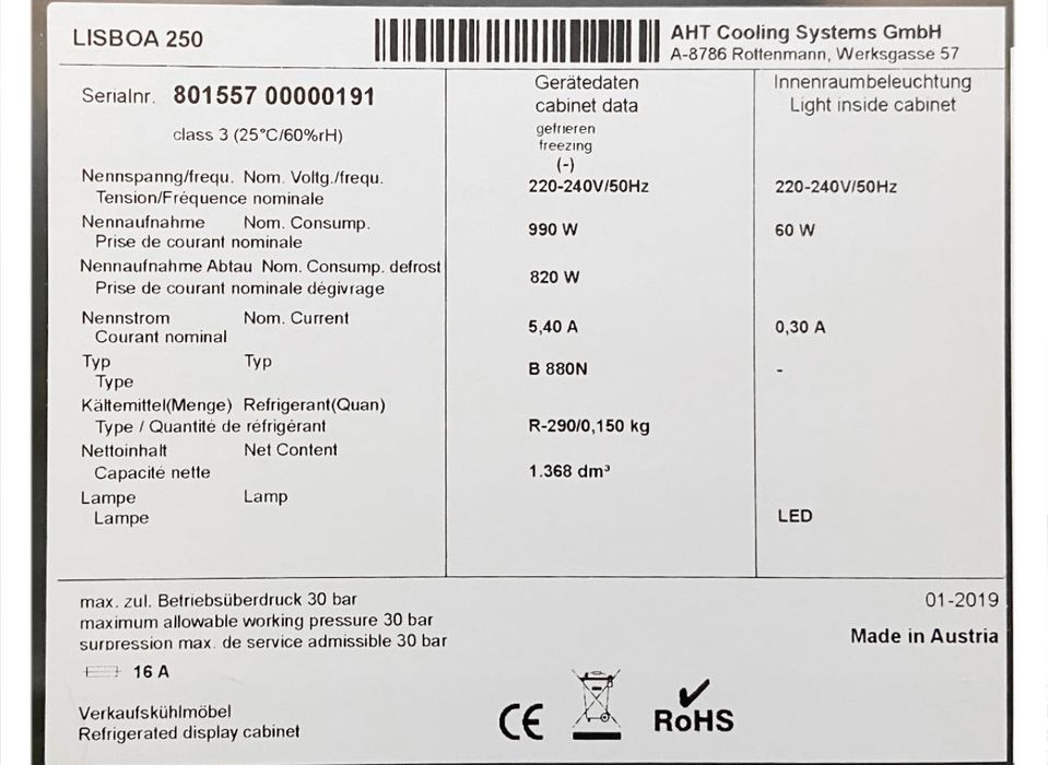 Armário Frigorífico AHT Lisboa 250