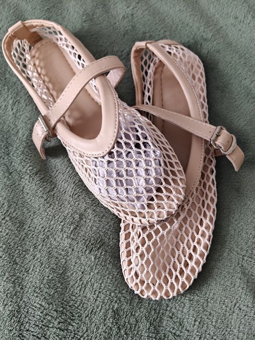 Modne Beżowe Baleriny Siateczkowe Mary