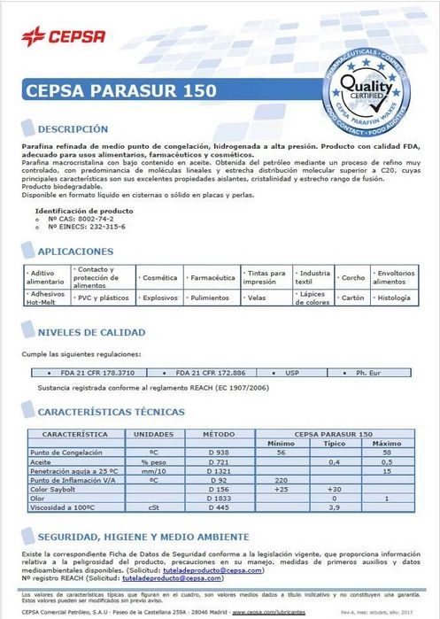 PARAFINA SOLIDA - 100,00€/25 kgs