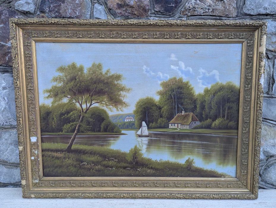 "Dom nad Jeziorem" Pejzaż Olejny Sygnowany Złota Rama