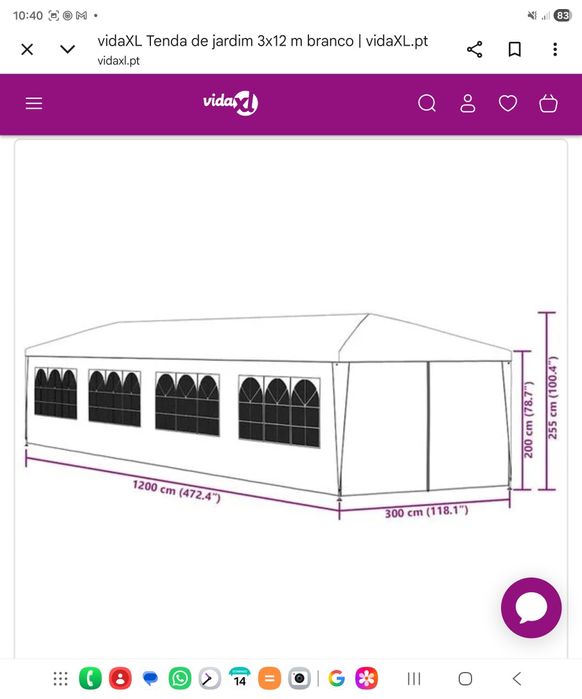Tenda de Jardim branca 3m largura x 12m de comprimento