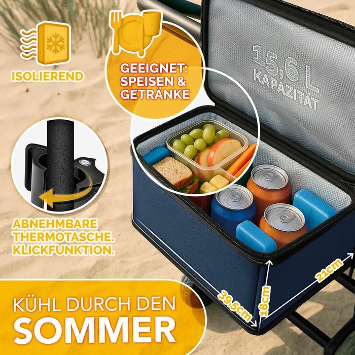 Składany wózek ręczny z niebieskim dachem, komorą chłodzącą i roletami