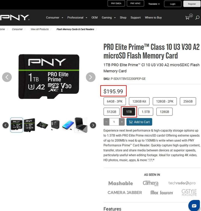 Карта памяти 1TB PNY PRO Elite Prime microSDXC (200MB/s/150MB/s, A2, V30, U3) Новая, оригинал из США