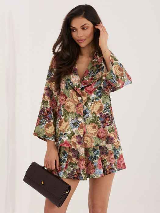 Zielona Marynarka Damska Kwiaty Elegancka Rękaw 3/4 Żakiet Italy Moda